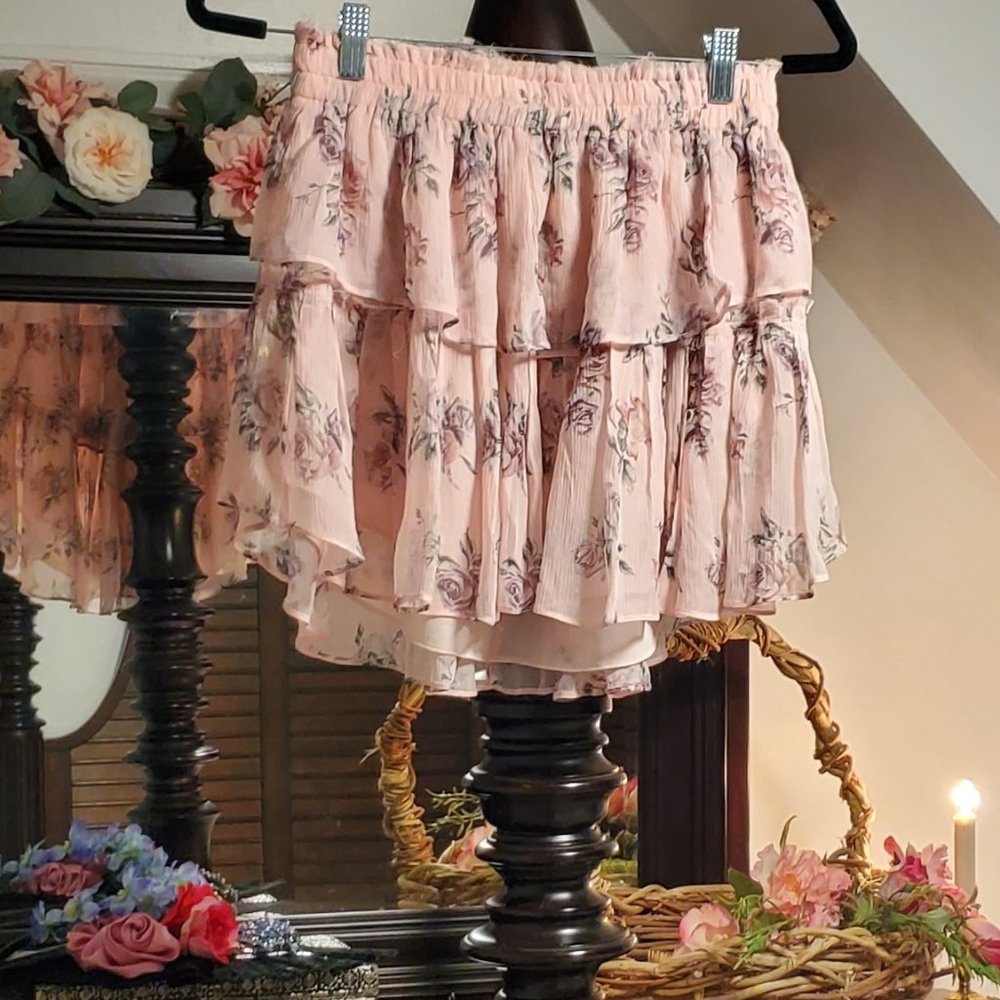 LoveShackFancy Silk Ruffle Mini Skirt Pink Canopy Medium